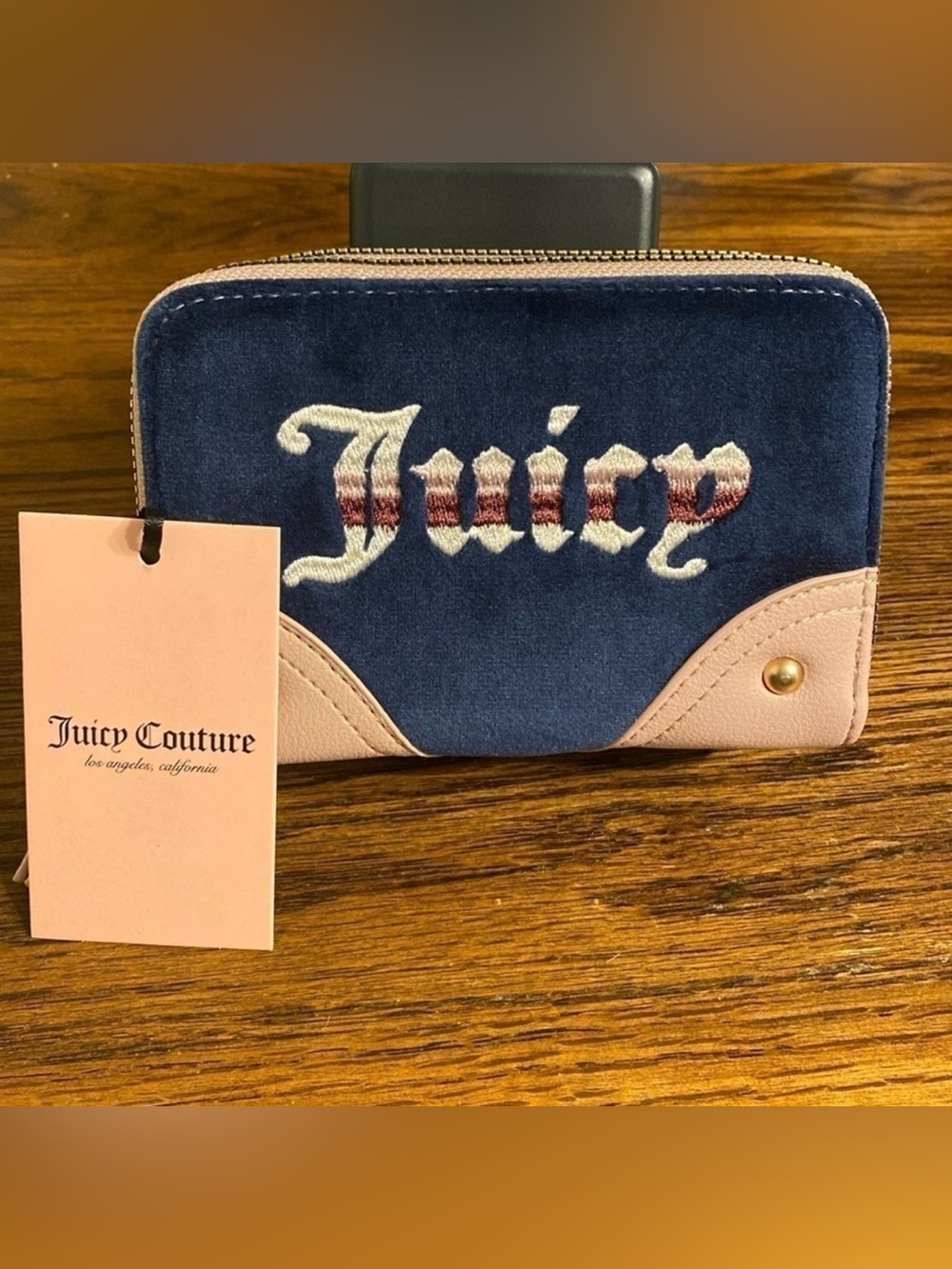 Juicy Couture Navy Velour Pink Retro Double Zip Around Wallet Heart Charm NWT